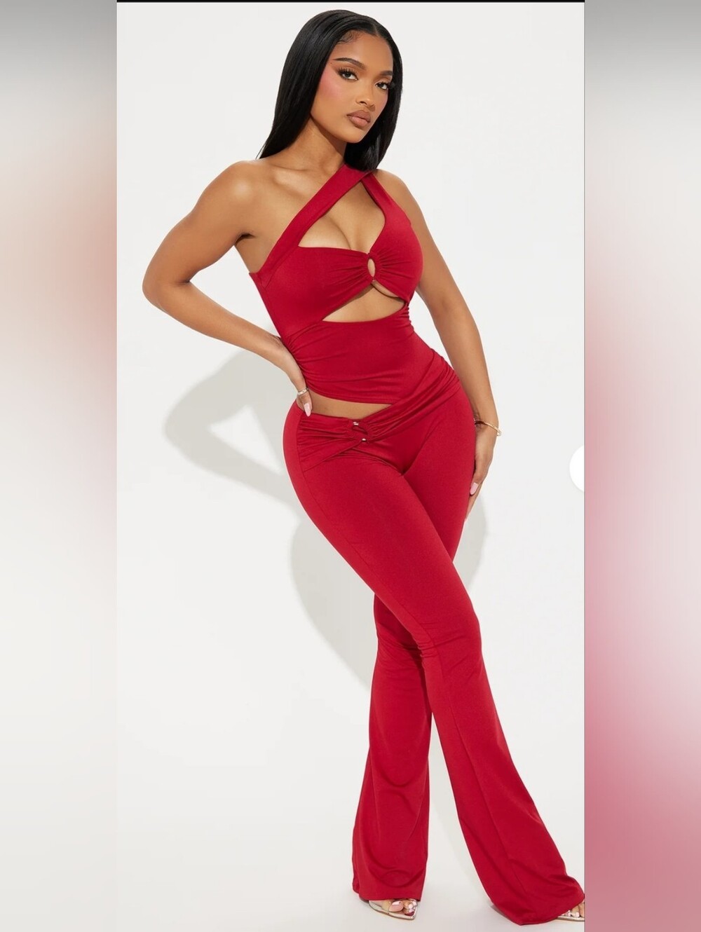 Fashion Nova Red Ring Cutout Flare Jumpsuit